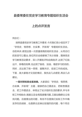 在党史专题组织生活会上的点评发言讲话