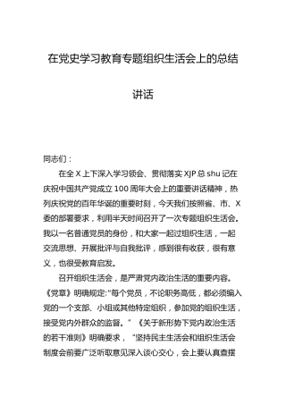 在党史学习教育专题组织生活会上的总结讲话3000字