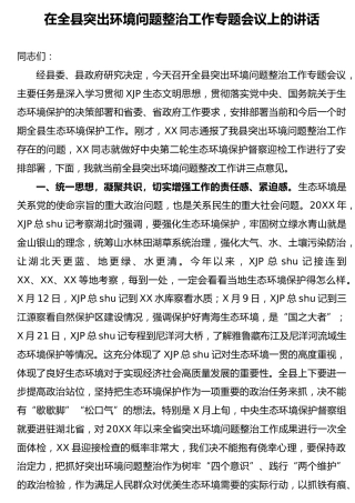 在全县突出环境问题整治工作专题会议上的讲话4100字