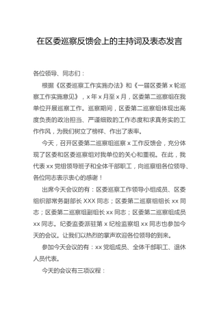 在区委巡察反馈会上的主持词及表态发言1800字