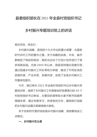 组织部长在全县村党组织书记乡村振兴专题培训班上的讲话