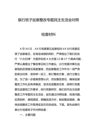 银行班子巡察整改专题民主生活会对照检查4400字