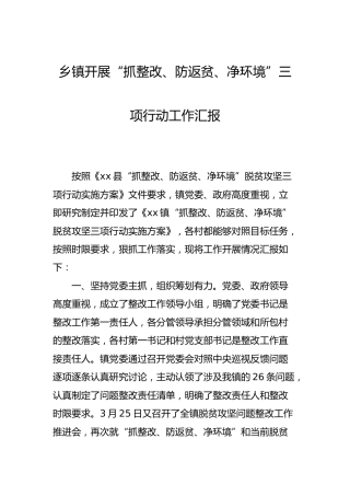 乡镇“抓整改、防返贫、净环境”三项行动工作总结汇报（脱贫攻坚）
