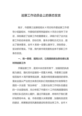 巡察工作动员会上的表态发言1500字