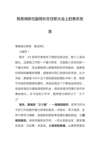 新任副局长在任职大会上的表态发言（税务）