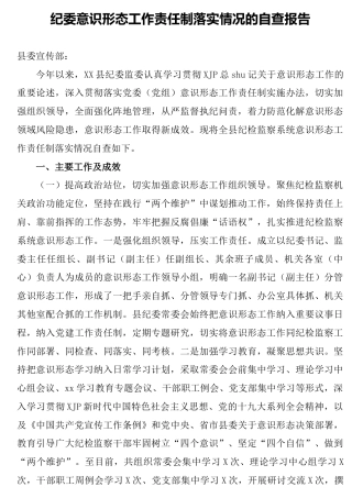 意识形态工作责任制落实情况自查总结报告（纪委3200字）