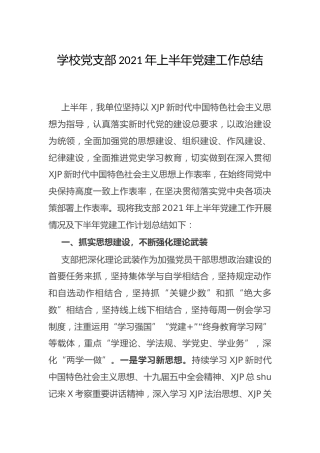 学校党支部2021年上半年党建工作总结3200字