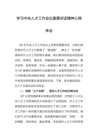 学习中央人才工作会议讲话精神心得体会2900字