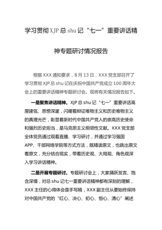 学习贯彻七一讲话精神专题研讨情况总结报告