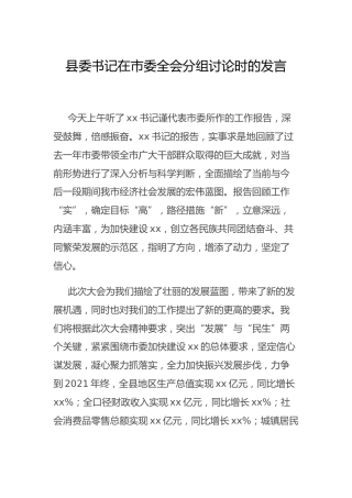 县委书记在市委全会分组讨论时的发言