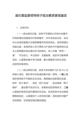领导班子政治素质表现鉴定