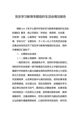 开展党史专题组织生活会情况总结报告2篇