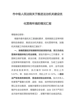 推进法治机关建设优化营商环境工作总结汇报（法院）