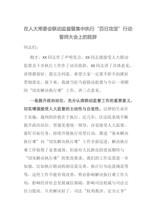人大联动监督暨集中执行“百日攻坚”行动誓师大会上的讲话致辞