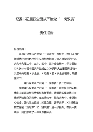 纪委书记履行全面从严治党“一岗双责”总结报告5300字