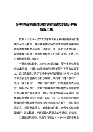 粮食购销领域腐败问题专项整治开展情况总结汇报