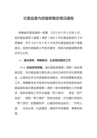 纪委监委内部督察整改情况通报（总结）