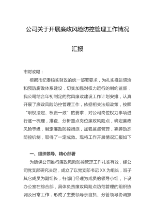 公司廉政风险防控管理工作总结汇报