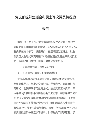 党支部（党史）专题组织生活会和民主评议党员情况的报告