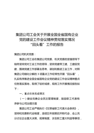 国企党的建设工作会议精神贯彻落实情况“回头看”工作报告（工会）