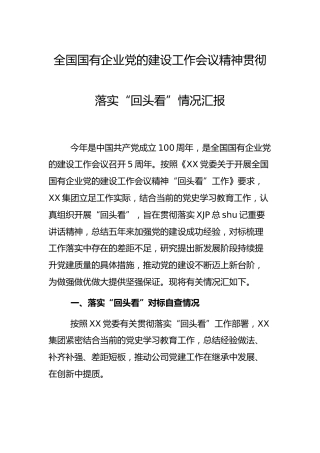 国企党的建设工作会议精神贯彻落实“回头看”情况汇报3900字