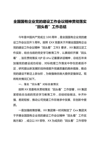 国企党的建设工作会议精神贯彻落实“回头看”工作总结3900字