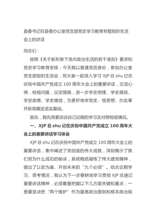 党史专题组织生活会上的个人剖析+讲话（县委书记）