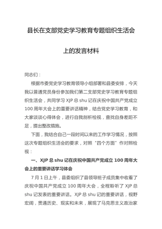 党史专题组织生活会上的发言材料（剖析+点评讲话）