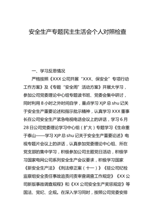 安全生产专题民主生活会个人剖析材料（公司2300字）