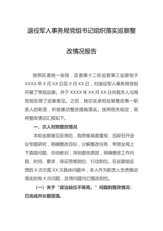 党组书记组织落实巡察整改情况总结报告（退役军人）