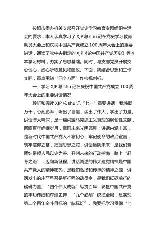 党史专题组织生活会个人检视剖析材料（市）