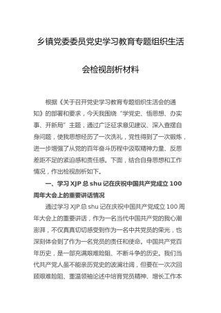 乡镇党委委员党史专题组织生活会检视剖析4100字