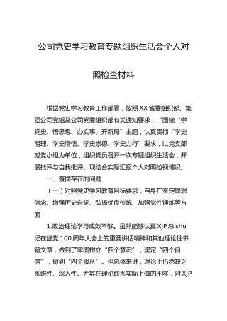 党史专题组织生活会个人对照检查2篇（公司、县委办主任）
