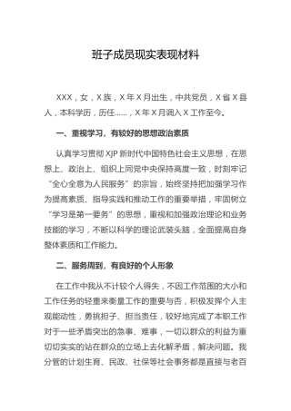 班子成员现实表现材料1600字
