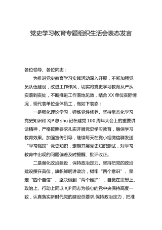 党史学习教育专题组织生活会表态发言