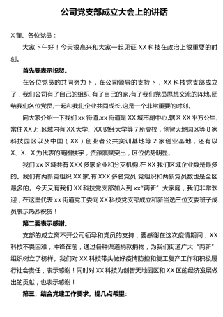 公司党支部成立大会上的讲话