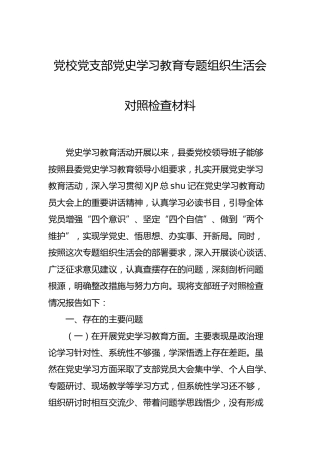 党校支部班子党史专题组织生活会对照检查材料1800字