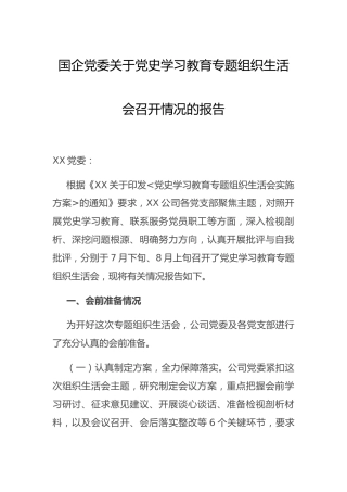 党委关于各支部党史专题组织生活会召开情况的总结报告（公司）