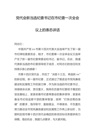 党代会新当选纪委书记表态讲话