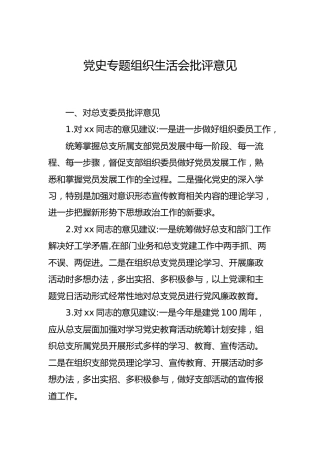 党史专题组织生活会批评意见清单3000字