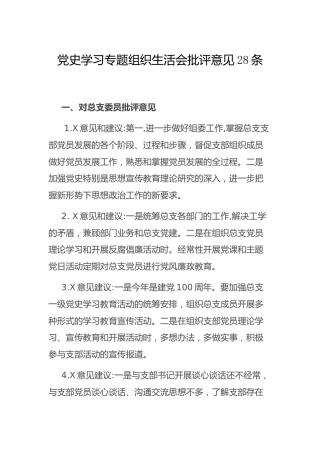 党史专题组织生活会批评意见28条