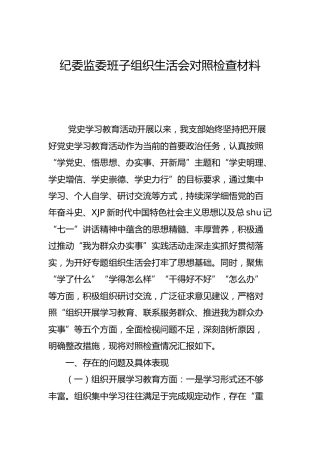 班子党史专题组织生活会对照检查材料（纪委监委）