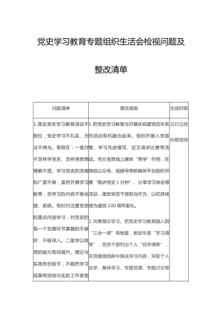 党史专题组织生活会检视问题及整改清单（表格版）