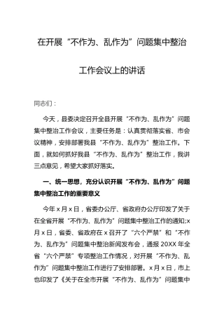 “不作为、乱作为”问题集中整治工作会议上的讲话