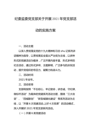 2021年党支部活动实施方案（纪委监委）