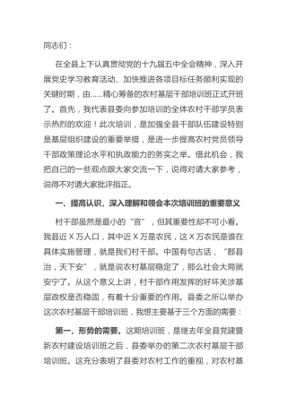 组织部长在全县农村基层干部培训班开班仪式上的讲话