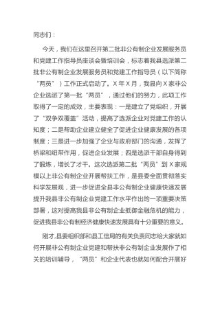 组织部长在非公企业发展服务员和党建工作指导员座谈会培训会上的讲话