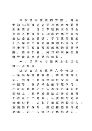 在下级党史专题民主生活会上的讲话（国企公司2700字）
