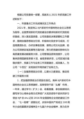 公司2021年抓基层党建工作述职报告3500字