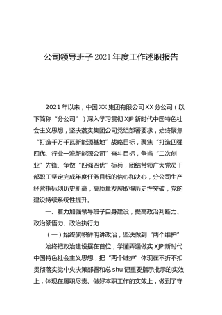 公司领导班子2021年度工作述职报告7300字